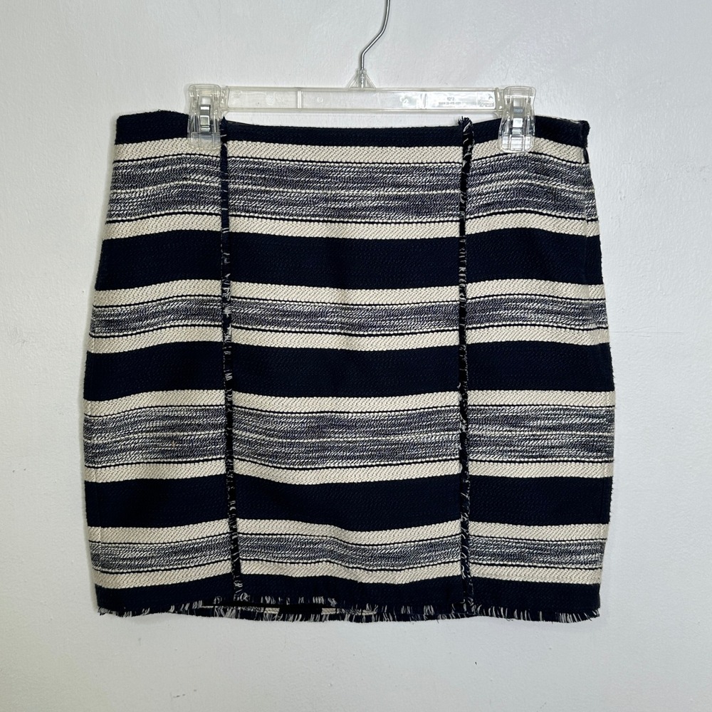 Banana Republic Factory Navy White Striped Tweed Mini Skirt Fringed Size 10 NWT
